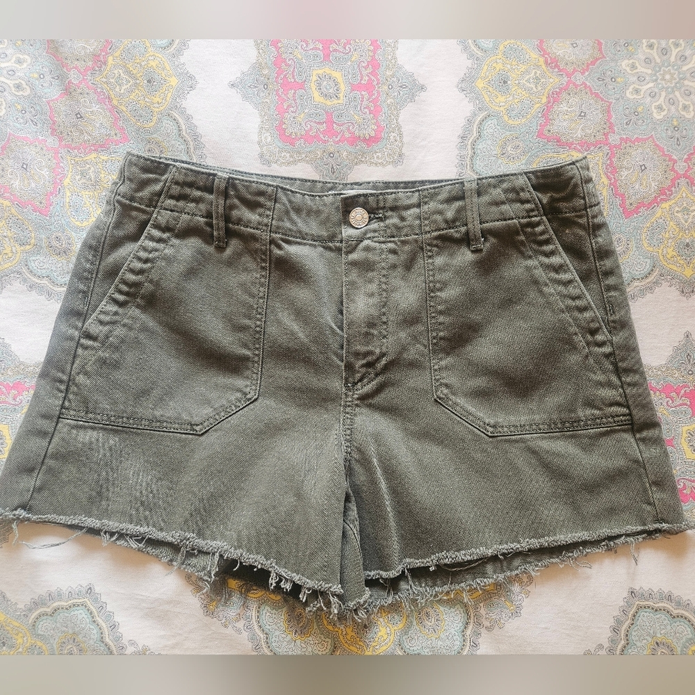 Paige Mayslie High Rise Utility Shorts Cutoff Raw Hem Size 29 Vintage Green